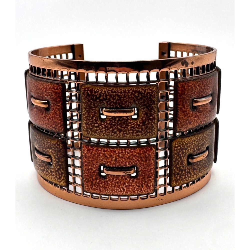 Vintage Matisse Renoir Bracelet Cuff Copper Enamel Basketweave Grid MCM